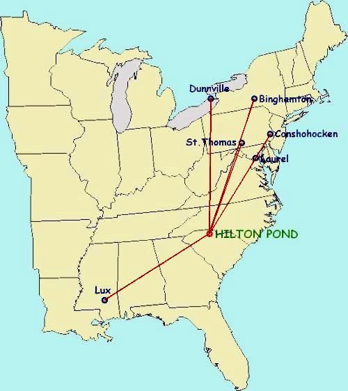 Map of "foreign" birds recaptured at Hilton Pond Center